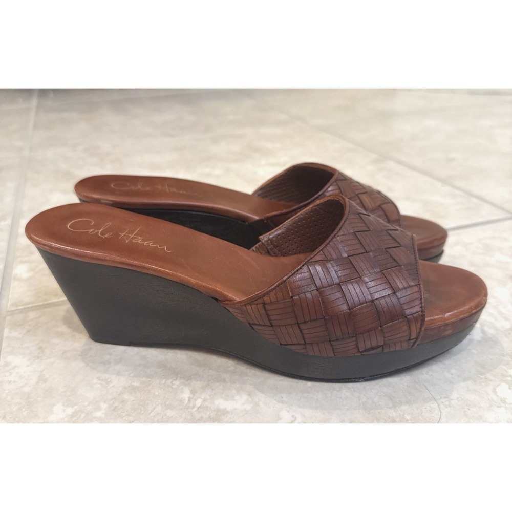 Cole Haan Air Footbed Slip On Brown Woven Leather Wedge Sz 7.5 B Comfort